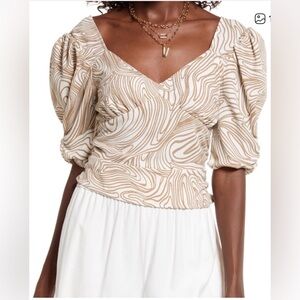 Open Edit Short Sleeve Smocked Back Abstract Print Crop Top - Cream Tan - size M